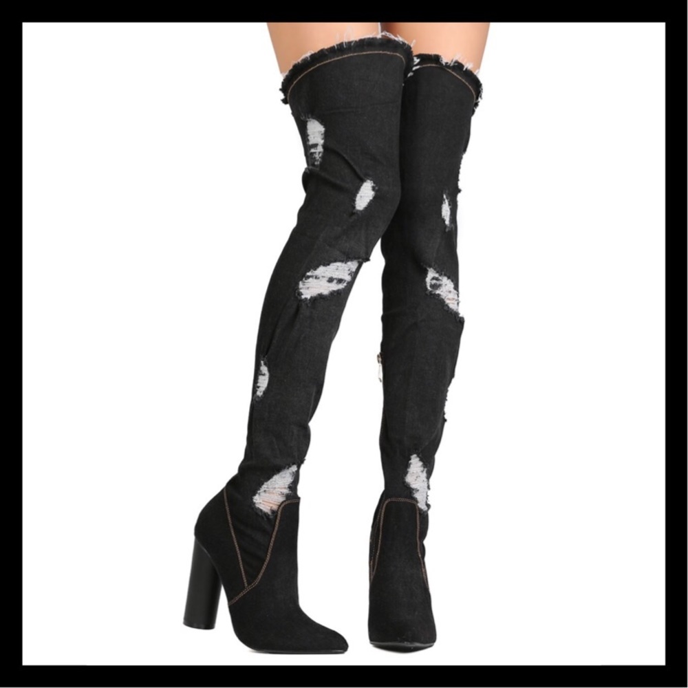 Cape Robbin Denim Distressed Thigh High Boots - Picture 1 of 7
